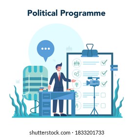 Politician concept. Idea of election and governement. Democratic governance. Political programm. Isolated flat illustration