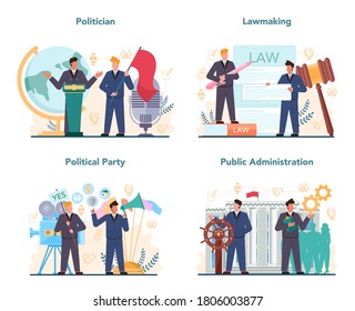 Politician concept set. Idea of election and governement. Democratic governance. Political party, lawmaking, public administration. Isolated flat illustration