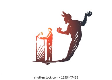 Politician, debate, elections vector concept. Politician speaking from podium with devil shadow behind. People with signs in hands taking part in rally. Hand drawn sketch isolated illustration