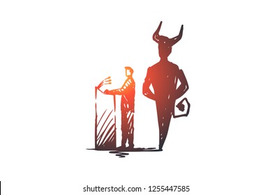 Politician, debate, elections vector concept. Politician speaking from podium with devil shadow behind. People with signs in hands taking part in rally. Hand drawn sketch isolated illustration