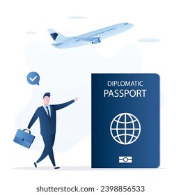 Politician or embassy worker with diplomatic passport. Diplomatic immunity passport. Global politics, international relations. Flights around world without restrictions and visa bans. flat vector