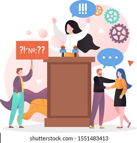 Politician female character speaking from rostrum, vector illustration. Election campaign, public speaking, political meeting, election speech composition for web banner, website page etc.