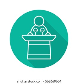 Politician flat linear long shadow icon. Orator speech. Speaker podium. Vector line symbol