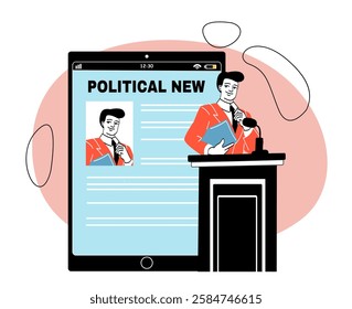 Politician giving speech at podium next to large tablet screen displaying political news, with abstract shapes in background. Concept of media influence