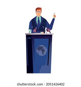 Politician giving speech at speakers stand flat vector illustration