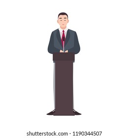 Politician, government worker, presidential candidate standing on rostrum and making public speech. Male cartoon character isolated on white background. Colorful vector illustration in flat style.