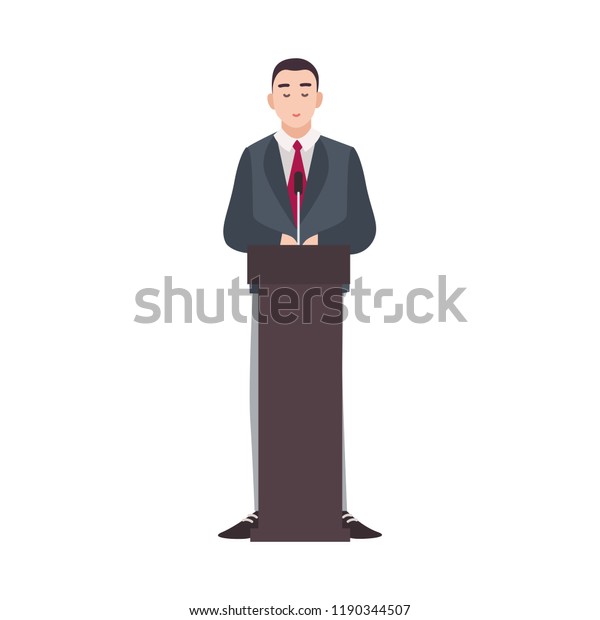 Politician, government worker, presidential\
candidate standing on rostrum and making public speech. Male\
cartoon character isolated on white background. Colorful vector\
illustration in flat\
style.