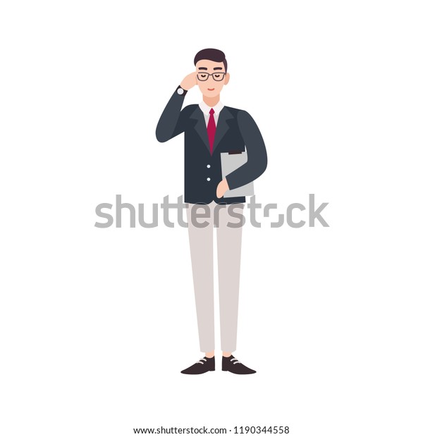 Politician, government worker, public servant,\
official or delegate dressed in smart suit. Funny male cartoon\
character isolated on white background. Colorful vector\
illustration in flat\
style.