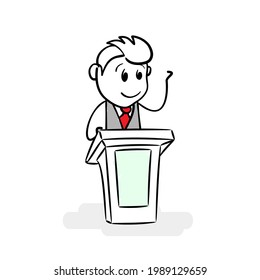 Politician in a gray jacket stands behind the podium. Drawing of stick figure businessman speaking or having speech to public or followers on podium or behind lectern. Doodle orator in cartoon style.