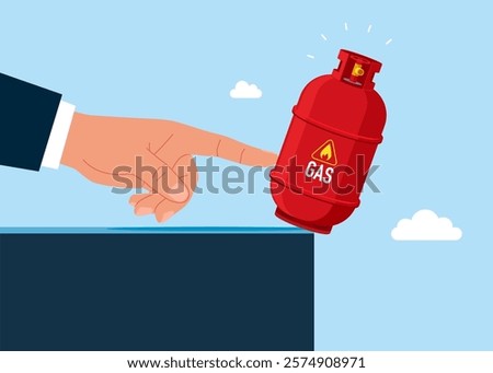 Politician hand pushes gas cylinder off cliff into abyss. Unstable sale of gas products, risky situation. Modern flat vector illustration.