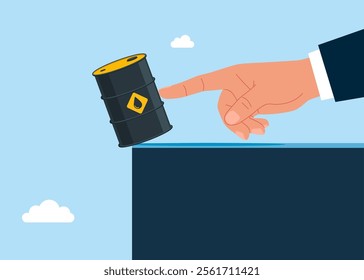 Politician hand pushes oil barrel off cliff into abyss. Modern flat vector illustration.