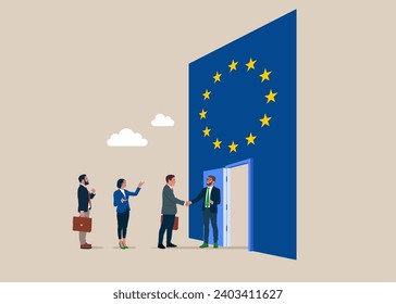 Politician handshake welcome and introduce new countries. Integration in European Union. Flat vector illustration