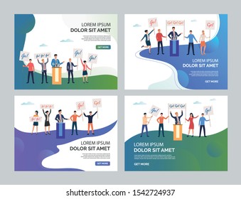 Politician with his team set. Leader standing at podium, people holding support placards. Flat vector illustrations. Election concept for banner, website design or landing web page