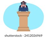 Politician holding both a happy and a sad mask on the podium, symbol of the political personas, conveying the duality of expressions in the public eye, satirical themes, multifaceted world of politics