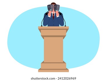 Politiker, die sowohl eine fröhliche als auch eine traurige Maske auf dem Podium halten, Symbol der politischen Persönlichkeiten, die die Dualität der Ausdrücke in der öffentlichen Meinung, satirische Themen, eine facettenreiche Welt der Politik vermitteln