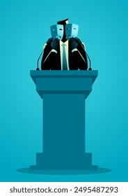 Politician holding both a happy and a sad mask on the podium, symbol of the political personas, conveying the duality of expressions in the public eye, satirical themes, multifaceted world of politics