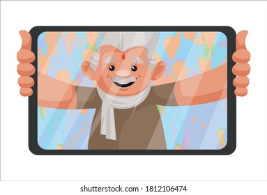 Politician is holding the phone in hand standing behind the phone frame. Vector graphic illustration. Individually on a white background.