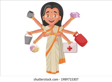 Politician lady is doing multitasking. Vector graphic illustration. Individually on a white background.