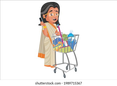 Politician lady is holding the trolley in hand. Vector graphic illustration. Individually on a white background.