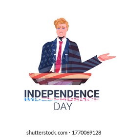 politician making speech from tribune with usa flag 4th of july american independence day celebration concept portrait vector illustration