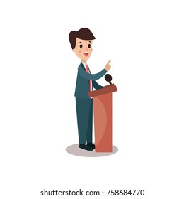 Politician man character standing behind rostrum and giving a speech, public speaker, political debates, side view vector Illustration