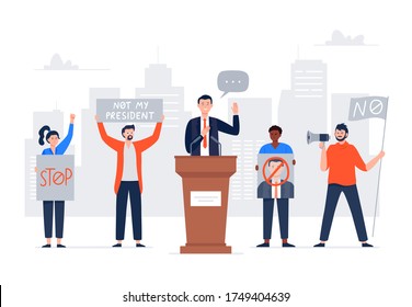 Politician man giving a speech during the election campaign. Characters holding voice banners. People oppose a candidate. Flat illustration concept of politics and public speaking.