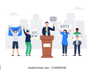 Politician man giving a speech during the election campaign. Characters holding voice banners. People support a candidate. Flat illustration concept of public speaking.