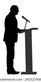 Politician man on meeting election campaign vector silhouette isolated. Ceremony vote event. Public speaker on podium.  Businessman speaking to public. Talking on microphone during vote.