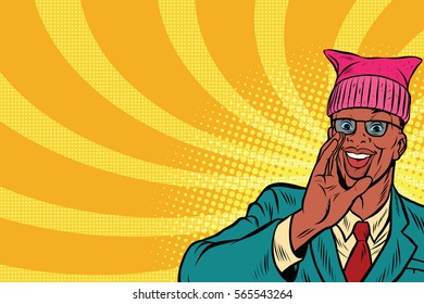 Politician man in a pussy hat campaigning