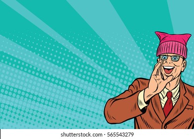 Politician man in a pussyhat campaigning