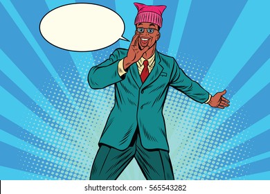 Politician man in a pussyhat campaigning