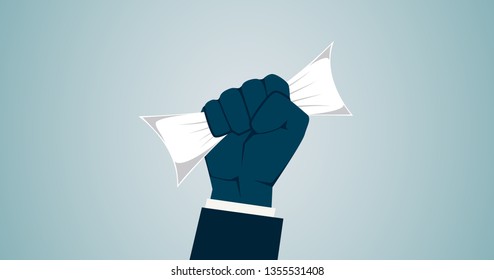 politician man Raised fist hand with paper in flat icon design on widescreen blue color background