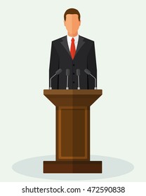 Politician man standing behind rostrum and giving a speech. Vector flat style colorful illustration