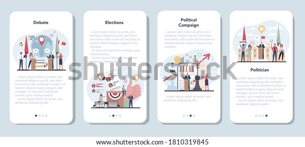 Politician mobile application\
banner set. Idea of election and governement. Democratic\
governance. Political compaign, elections, debate. Isolated flat\
illustration