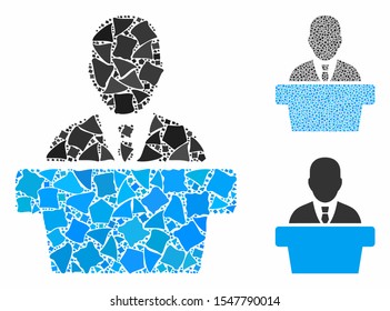 Politician mosaic of rugged elements in variable sizes and shades, based on politician icon. Vector joggly elements are united into mosaic. Politician icons collage with dotted pattern.