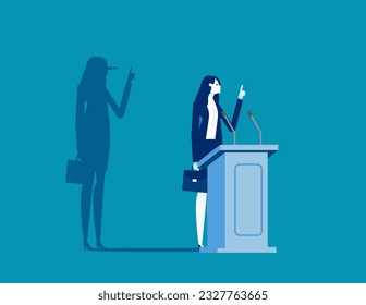 Politician on a podium giving speech with his long nose shadows. Business liar vector illustration

