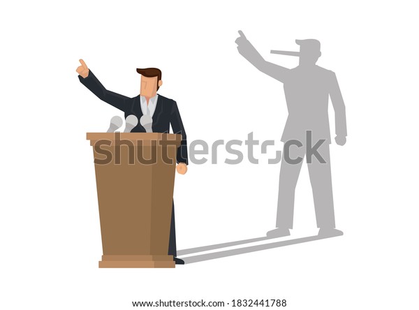 Politician on a podium giving
speech with his long nose shadow. Concept of liar. Vector
illustration