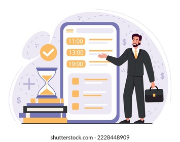 Politician online concept. Man in suit with briefcase in front of phone with scheduled meetings. Successful entrepreneur or investor. Financial literacy metaphor. Cartoon flat vector illustration