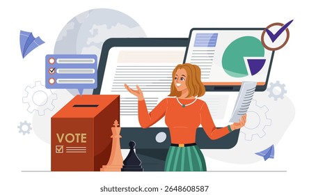Conceito político online. Mulher nas urnas. Democratas e liberdade de escolha. Política e sociologia. Plataforma de votação na internet. Candidato presidencial. Ilustração de vetor plano