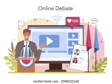 Politician online service or platform. Election and democratic governance. Country worldwide representation. Online debate. Flat vector illustration