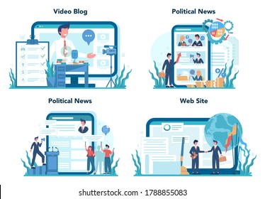 Politician online service or platform set. Idea of election and governement. Democratic governance. Website, video blog, political news. Isolated flat illustration