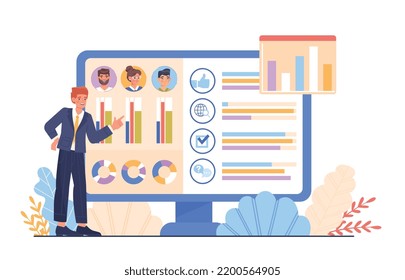 Politician online service.Young guy evaluates candidates, infographic. Statistics and analysis. Poster or banner for website. Voting and elections, democracy. Cartoon flat vector illustration