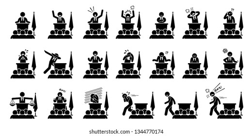 Politician, president, or prime minister actions, feelings, and emotions during his speech. Artwork depicts set of different poses and body languages by a government leader of a country.