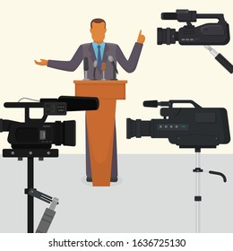 Politician, public figure or businessman makes speech on television broadcast vector illustration. Talking and gesturing man standing on podium with microphones in front of tv cameras.