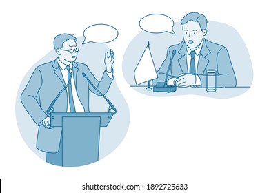 Politician, public speaker, orator concept. Serious young man congressman political candidate cartoon character standing on tribune making presentation for audience vector illustration 