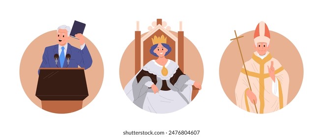 Politician, queen and bishop representatives of authority isolated round icon composition set