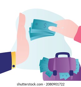 Politician refuses bribe. Hand offers wad of money to civil servant. Businessman refuses corrupt deal. Concept of anti-corruption policy and anti-bribery. Stop corruption. Flat vector illustration