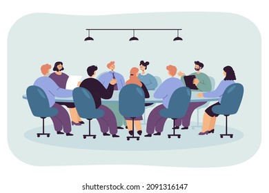 Politician Sitting At Round Table In Boardroom. Board Of Directors With CEO Holding Formal Talk In Office Room Flat Vector Illustration. Business Authority, Corporate Leader, Planning Strategy Concept