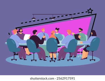 Politician sitting at round table in boardroom. Board of directors with CEO holding formal talk in office room flat vector illustration. Business authority, corporate leader, planning strategy concept