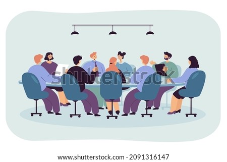 Politician sitting at round table in boardroom. Board of directors with CEO holding formal talk in office room flat vector illustration. Business authority, corporate leader, planning strategy concept